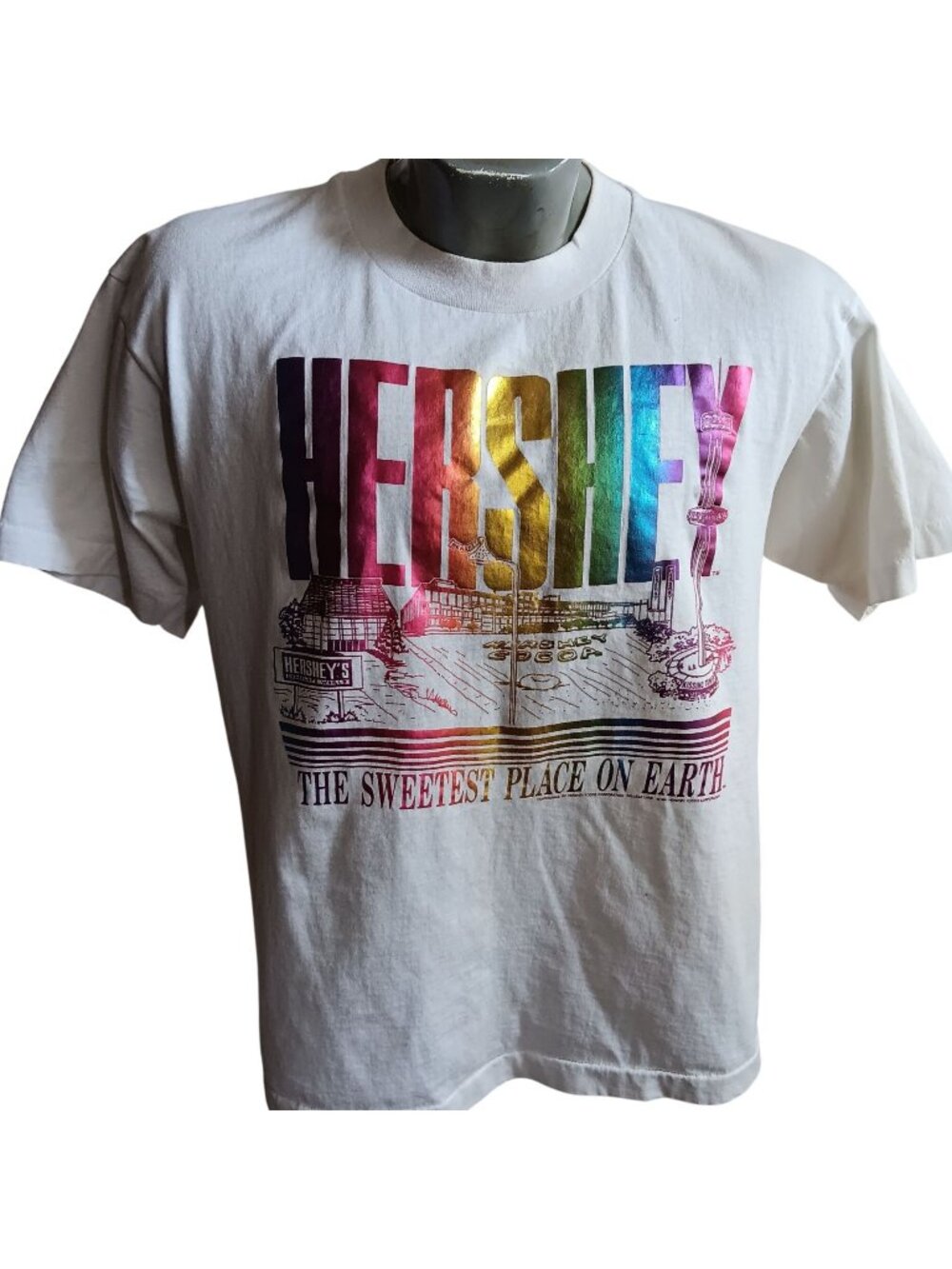 Hershey Chocolate Large Vintage Mens T-shirt Single Stitch Large 80s USA White